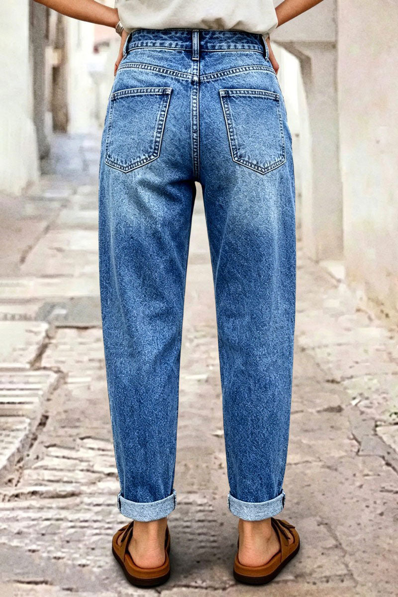 Wash Button Decor Roll Hem High Rise Crop Tapered Jeans