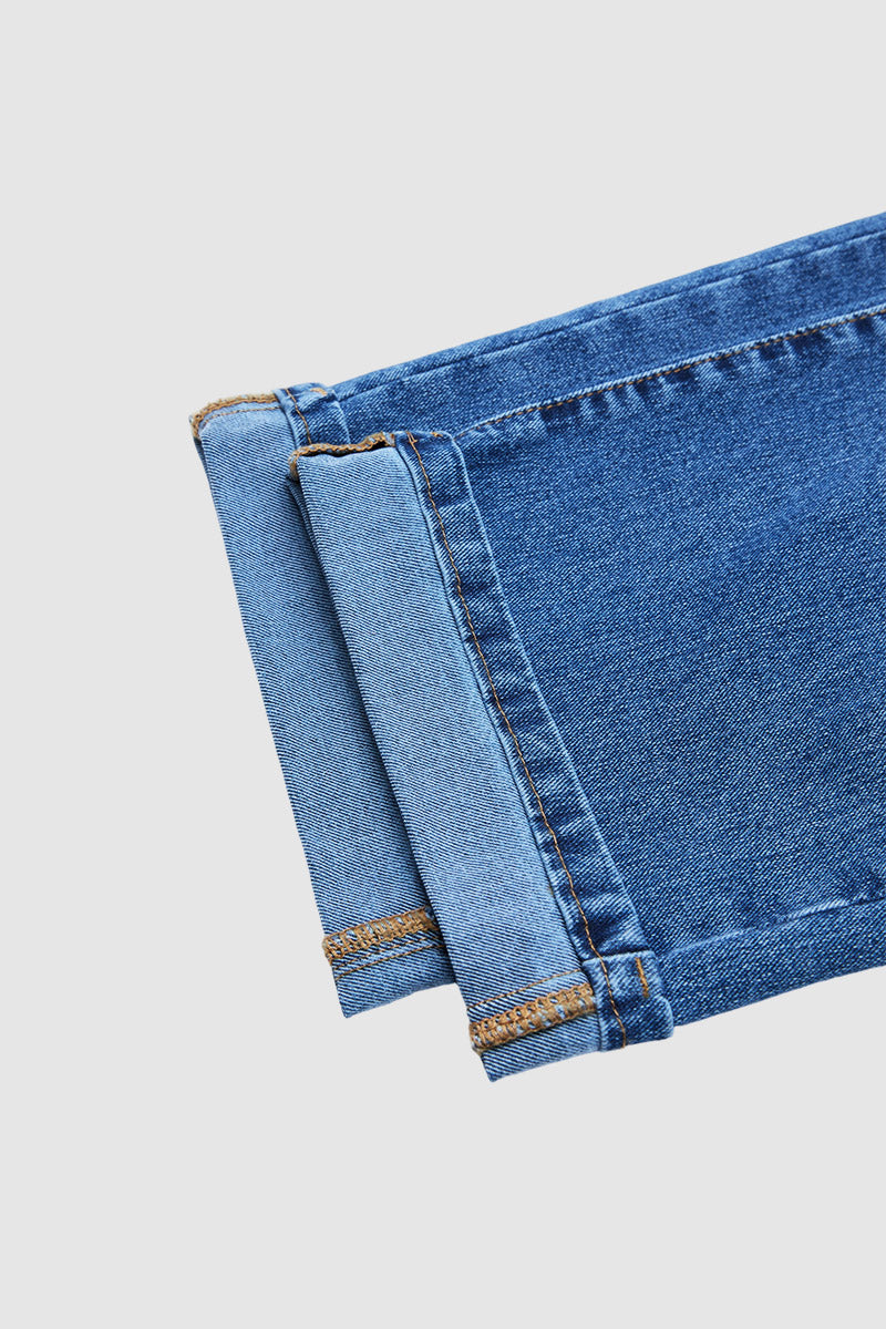 Wash Dual Button Mid Waist Straight Leg Crop Jeans