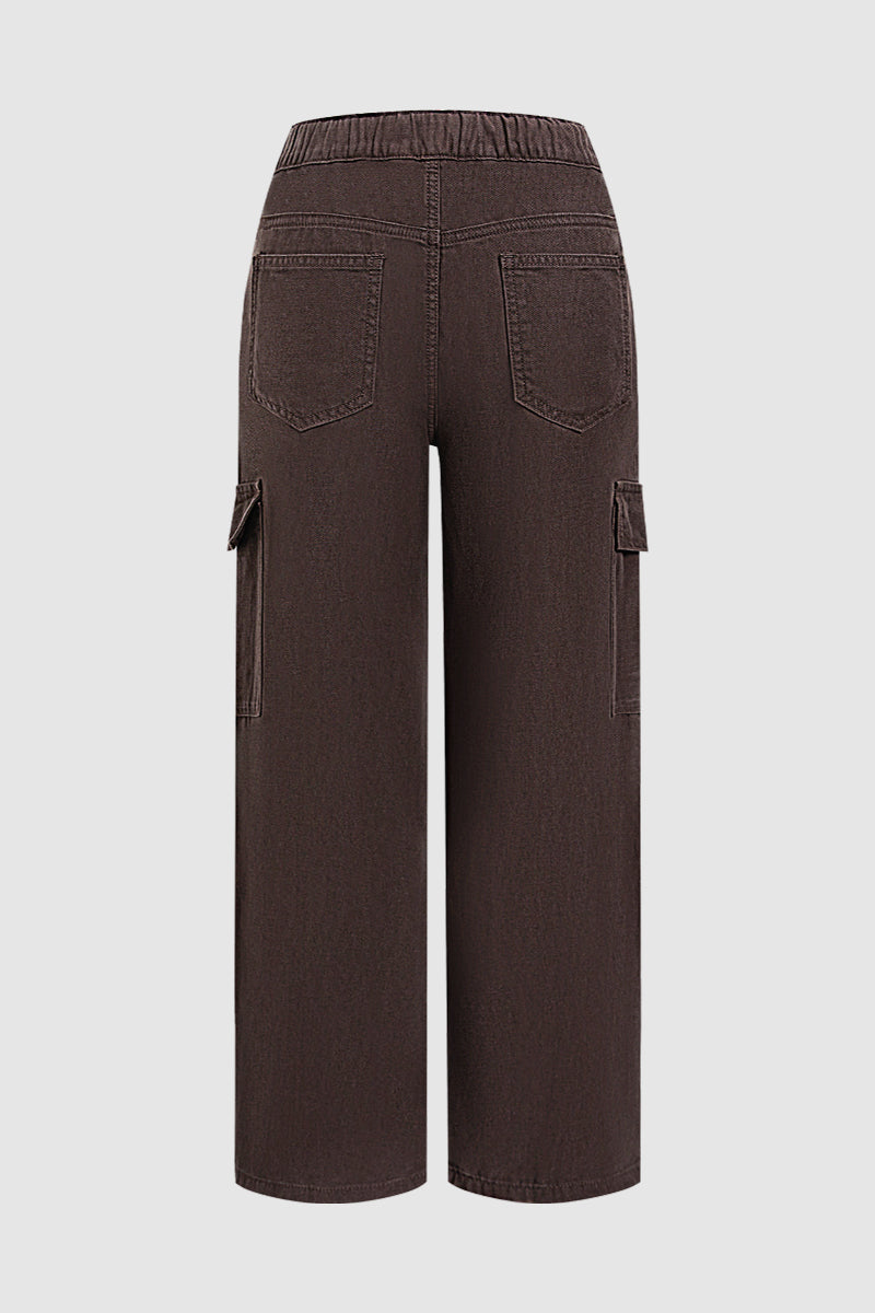 Solid Flap Pocket Drawstring Elastic Mid Waist Wide Leg Cargo Pants