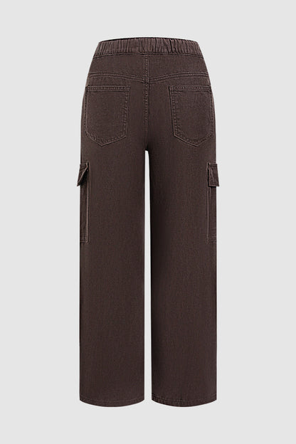 Solid Flap Pocket Drawstring Elastic Mid Waist Wide Leg Cargo Pants