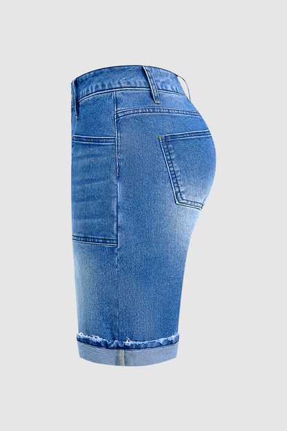 Wash Roll Hem Patch Pocket High Rise Denim Bermuda Shorts