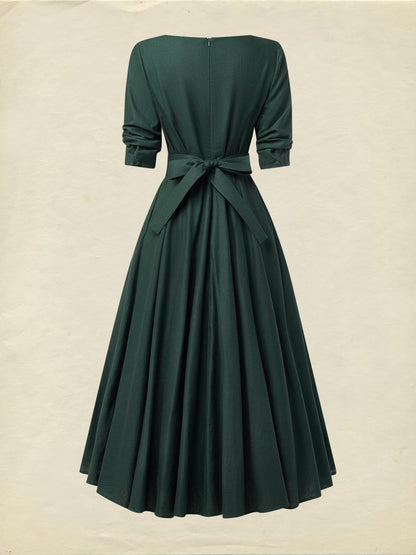 Robe Midi en Lin, Manches Courtes, Col Cœur, Unie, Vintage, Vert Foncé