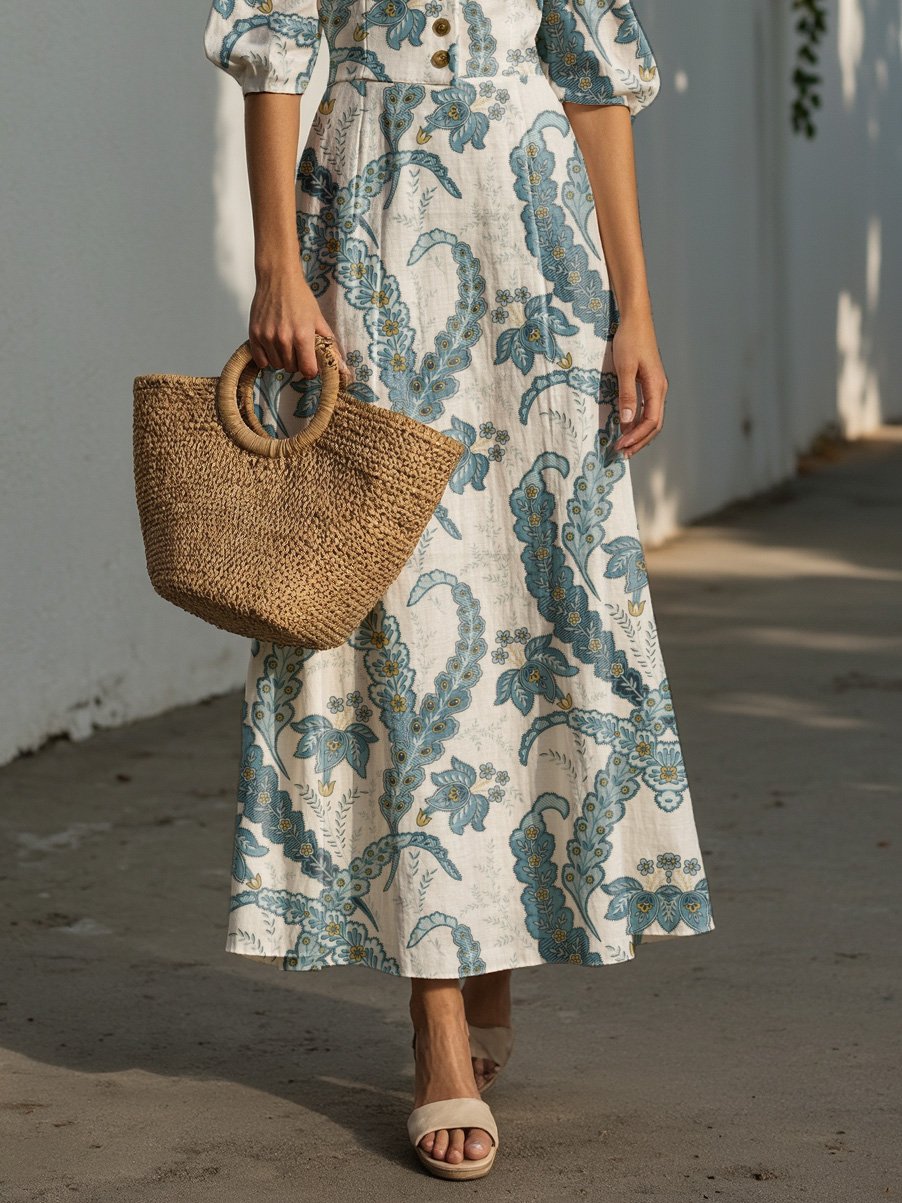Robe longue en lin, manches courtes, col châle, motif cachemire, boutonnée, vacances, style vintage, blanche