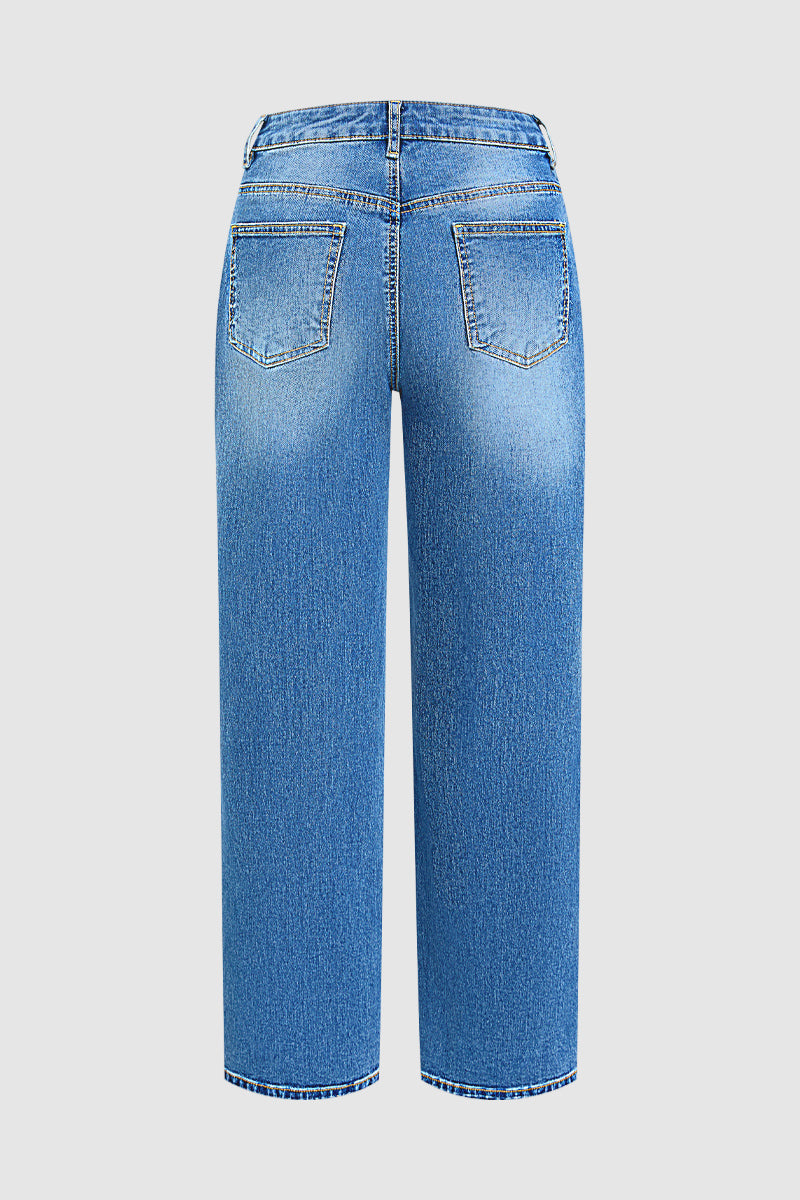 Wash Seam Front Mid Rise Straight Leg Jeans Without Belt