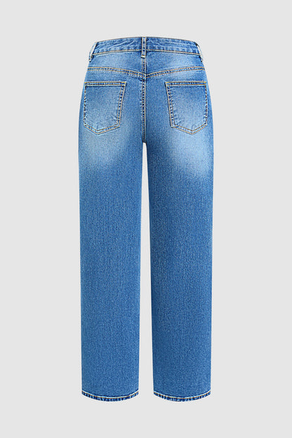 Wash Seam Front Mid Rise Straight Leg Jeans Without Belt