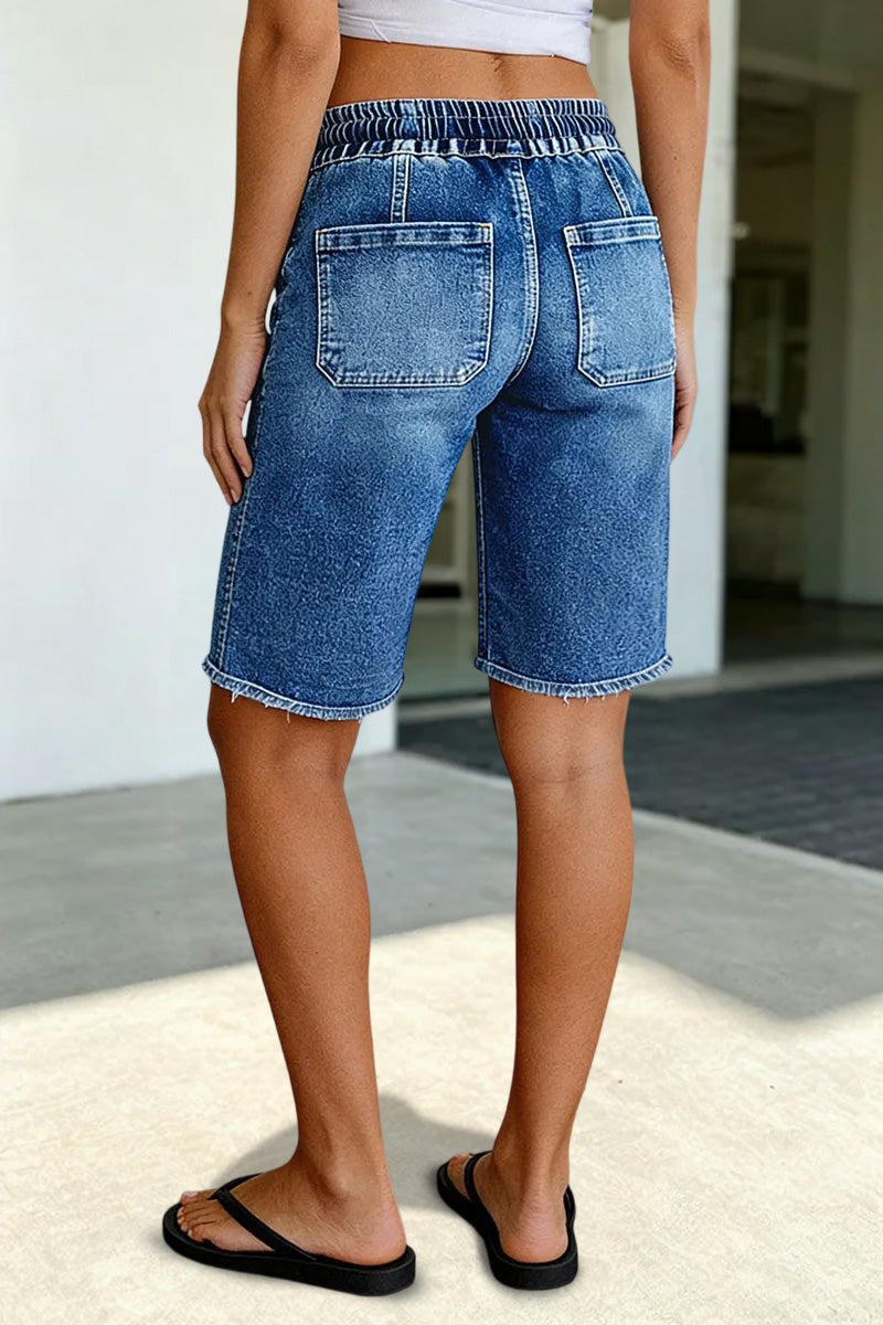 Raw Hem Stitch Detail Drawstring High Waist Denim Bermuda Shorts