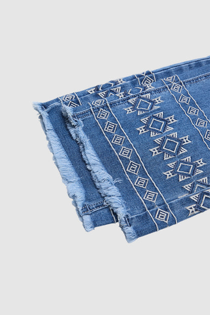 Wash Geo Embroidery Raw Hem Mid Waist Straight Leg Jeans Without Belt