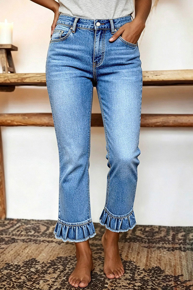 Raw Hem Ruffle Mid Waist Straight Leg Cropped Jeans