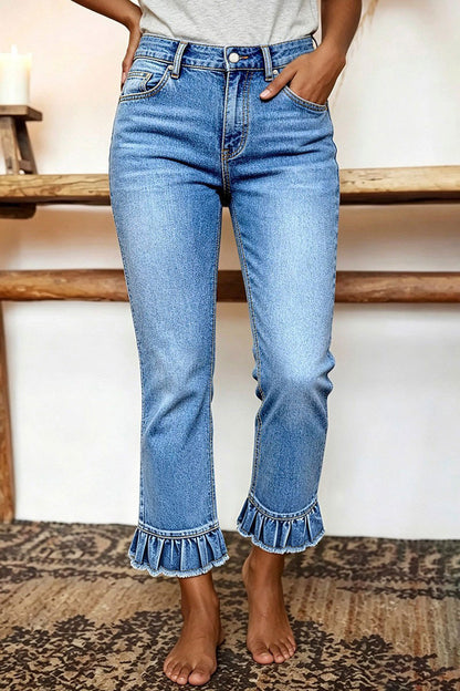 Raw Hem Ruffle Mid Waist Straight Leg Cropped Jeans