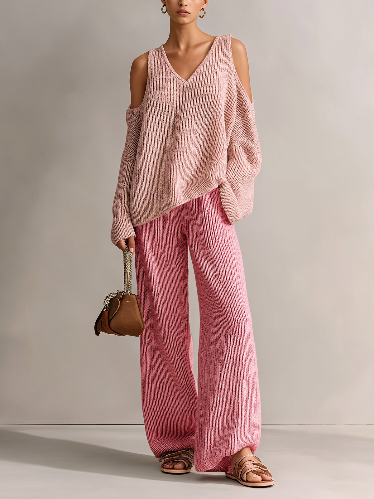 Chic Elegant Pink Colorblock V-Neck Long-Sleeve Cutout Details Loose-Fit Sweater And Wide-Leg Pants Ribbed Knit Two-Piece Set