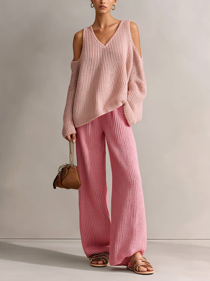 Chic Elegant Pink Colorblock V-Neck Long-Sleeve Cutout Details Loose-Fit Sweater And Wide-Leg Pants Ribbed Knit Two-Piece Set
