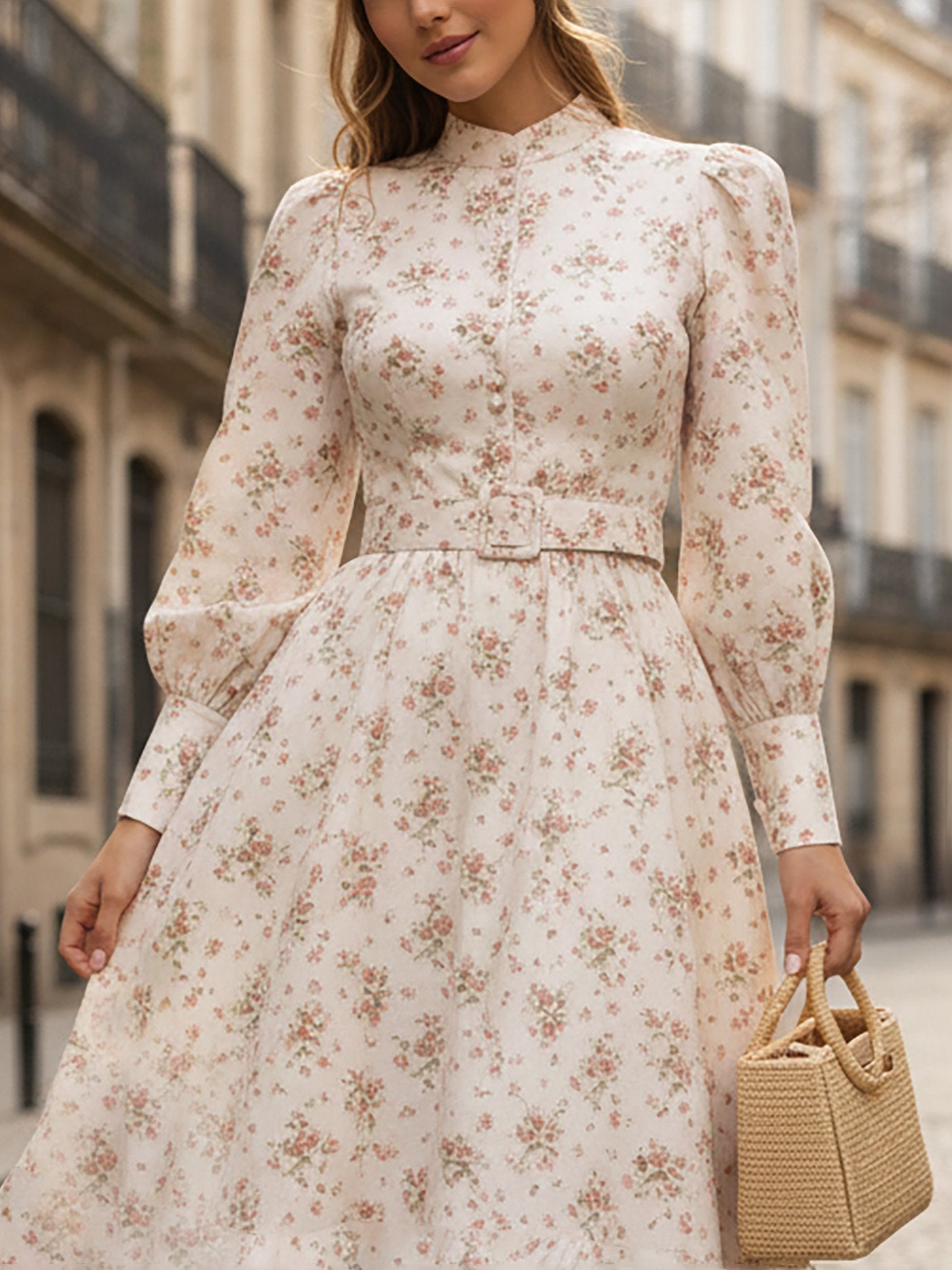 Robe midi en lin, manches longues, col montant, motif floral, boutonnée, vacances, vintage, rose