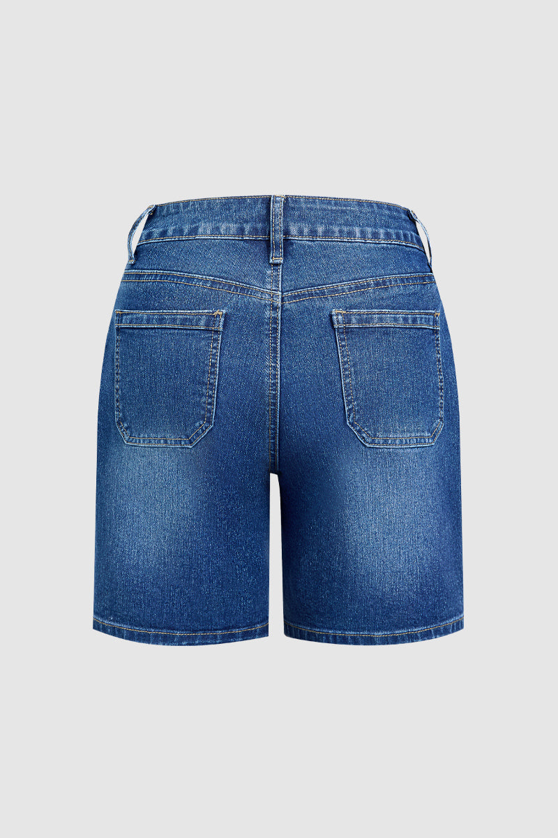 Wash Patch Pocket Drawstring High Rise Mid Thigh Denim Shorts