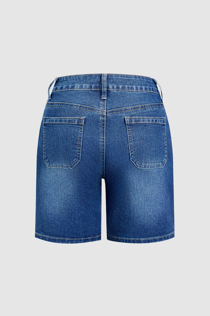 Wash Patch Pocket Drawstring High Rise Mid Thigh Denim Shorts