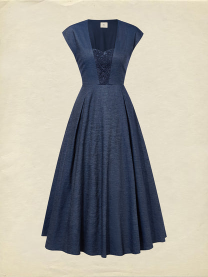 Robe longue en jean, Manches courtes, Encolure dégagée, Unie, Dentelle, Vintage, Bleu