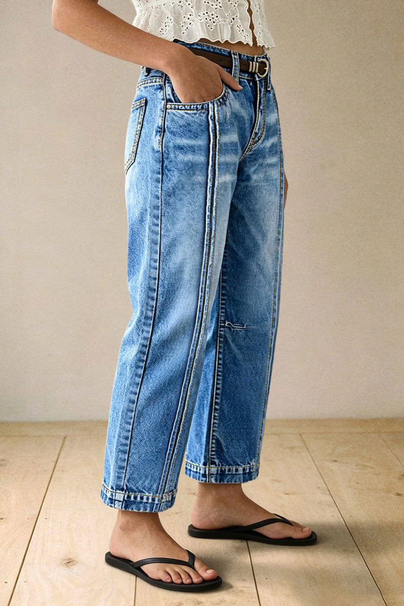 Wash Stitch Detail Mid Waist Straight Leg Cropped Jeans Without Belt
