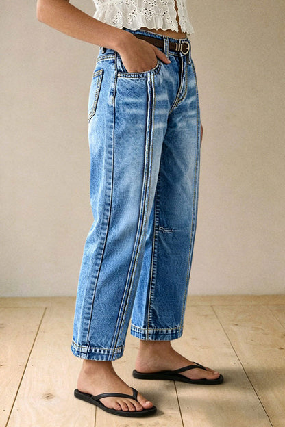 Wash Stitch Detail Mid Waist Straight Leg Cropped Jeans Without Belt