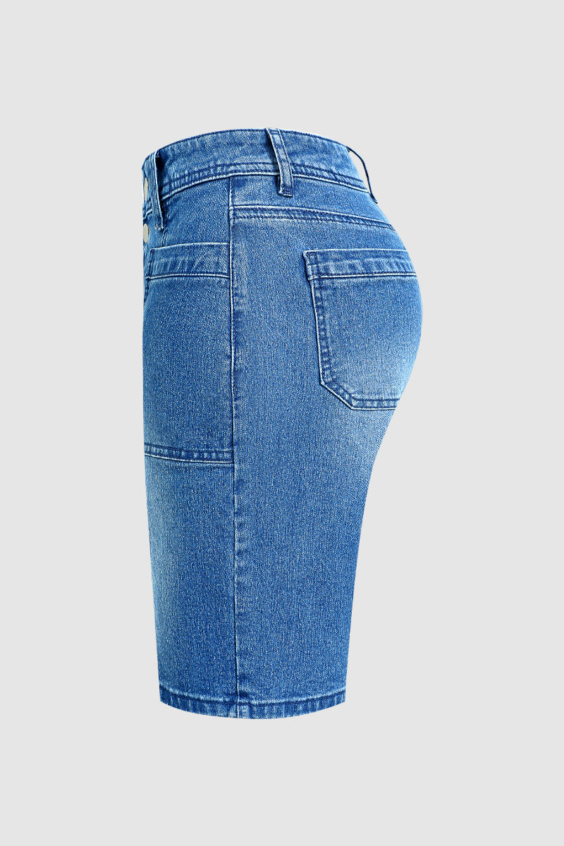Wash Dual Button Stitch Detail Mid Waist Denim Bermuda Shorts