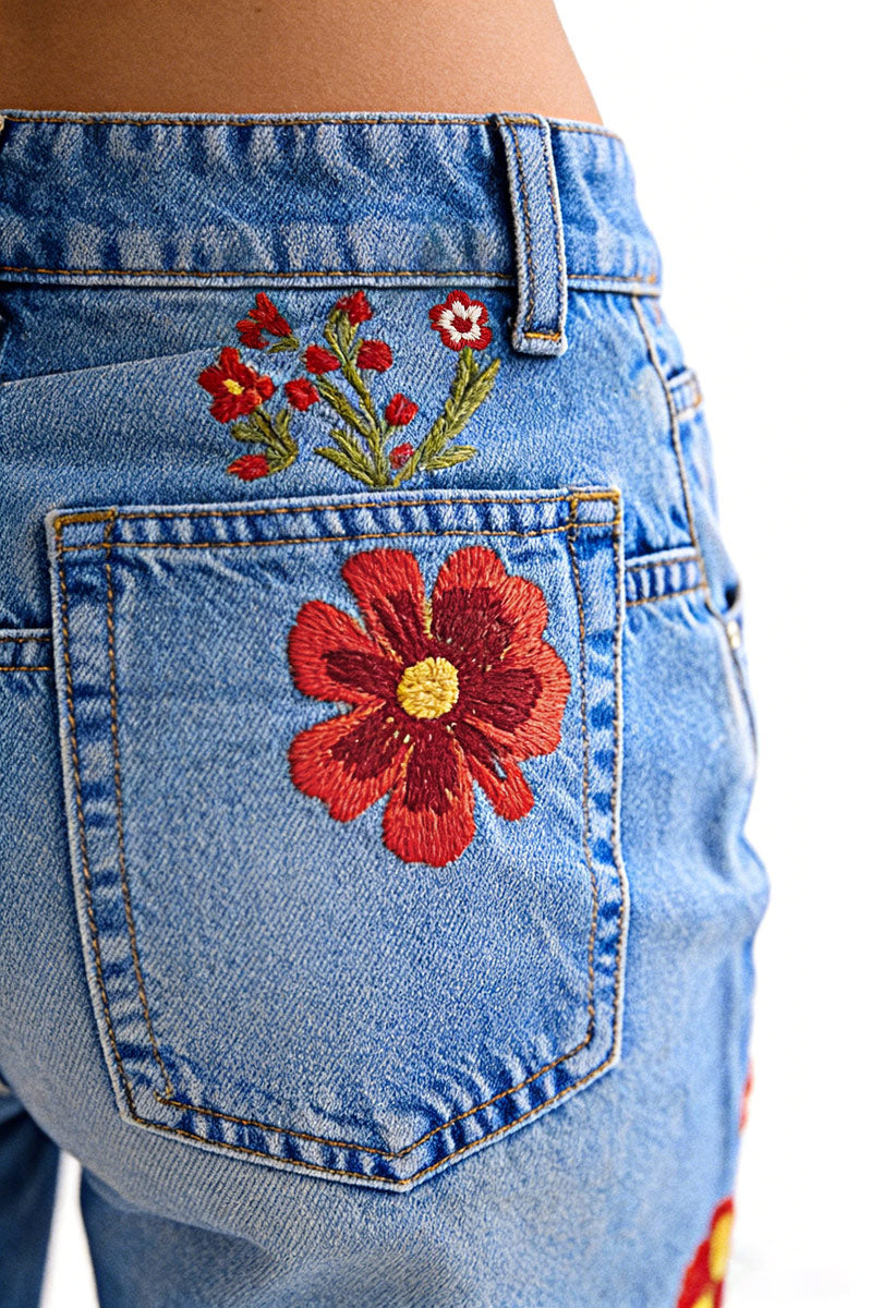 Wash Floral Embroidery V Yoke Mid Rise Straight Leg Denim Bermuda Shorts