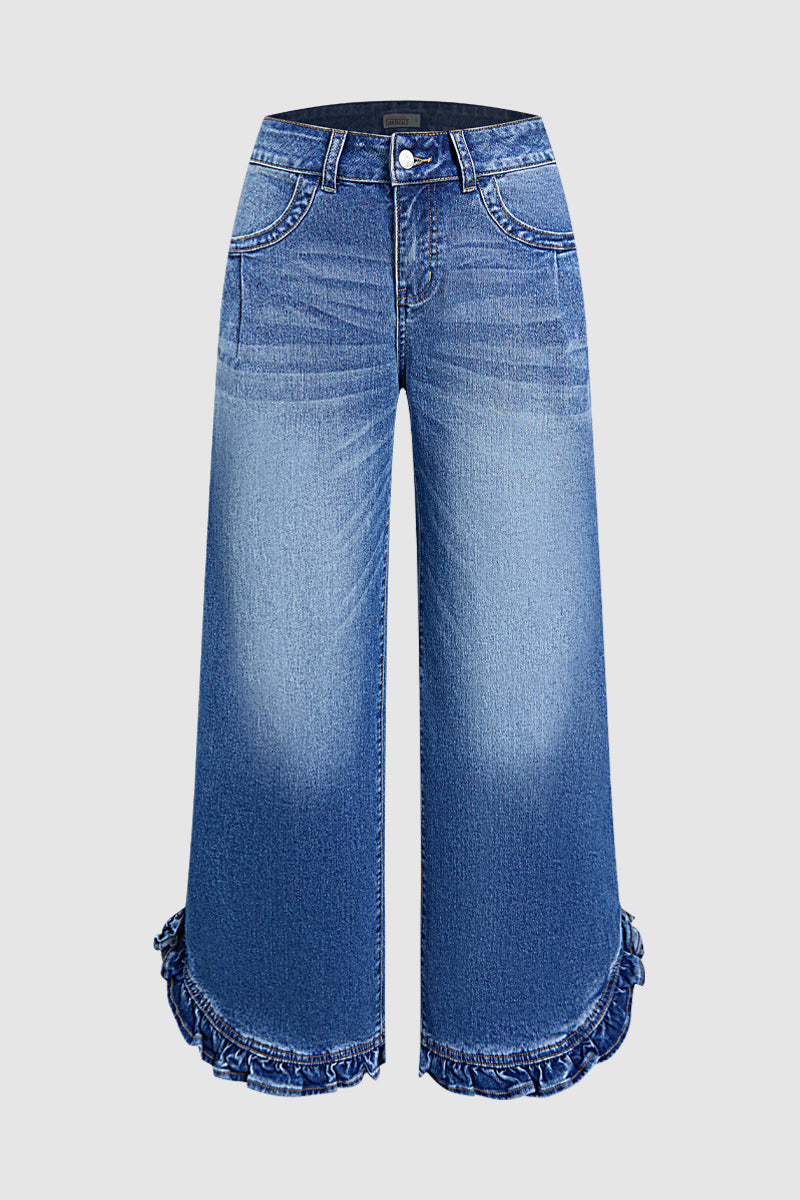 Ruffle Split Hem Pleated Mid Waist Wide Leg Jeans Without Belt