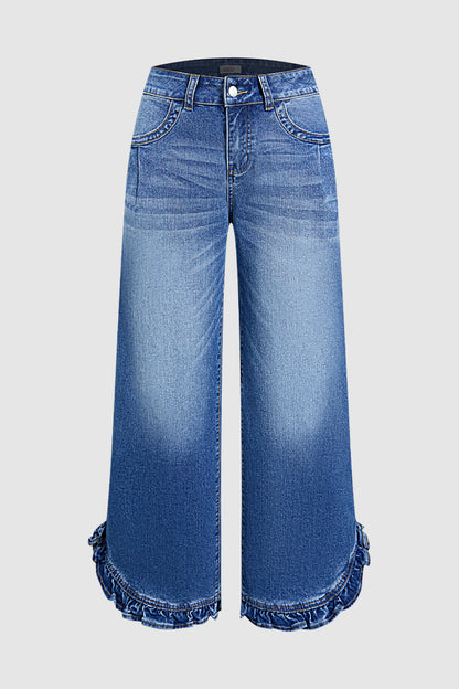 Ruffle Split Hem Pleated Mid Waist Wide Leg Jeans Without Belt
