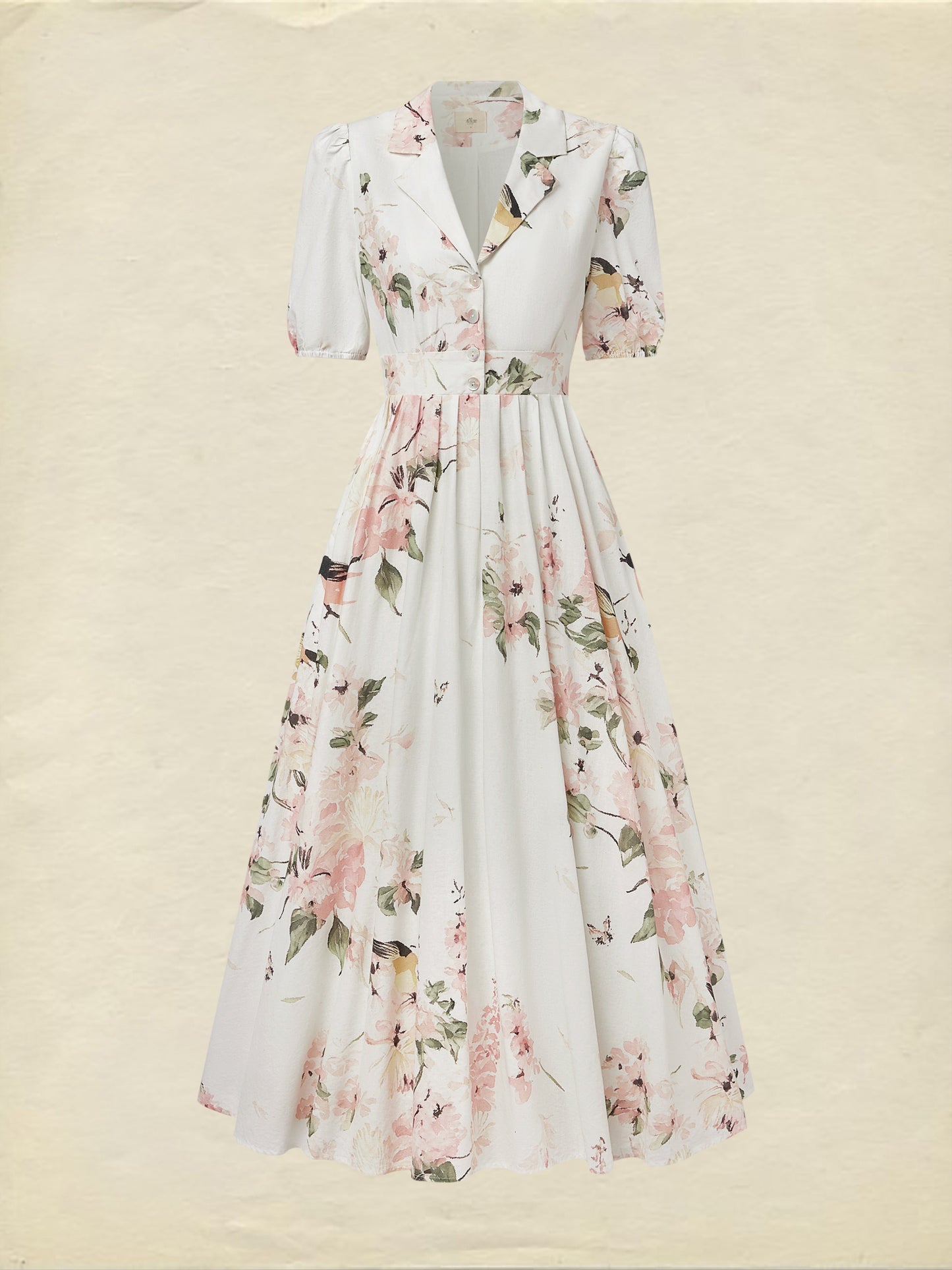Robe longue en lin, manches ballon, col châle, fleurie, vintage, blanche