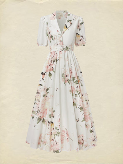Robe longue en lin, manches ballon, col châle, fleurie, vintage, blanche