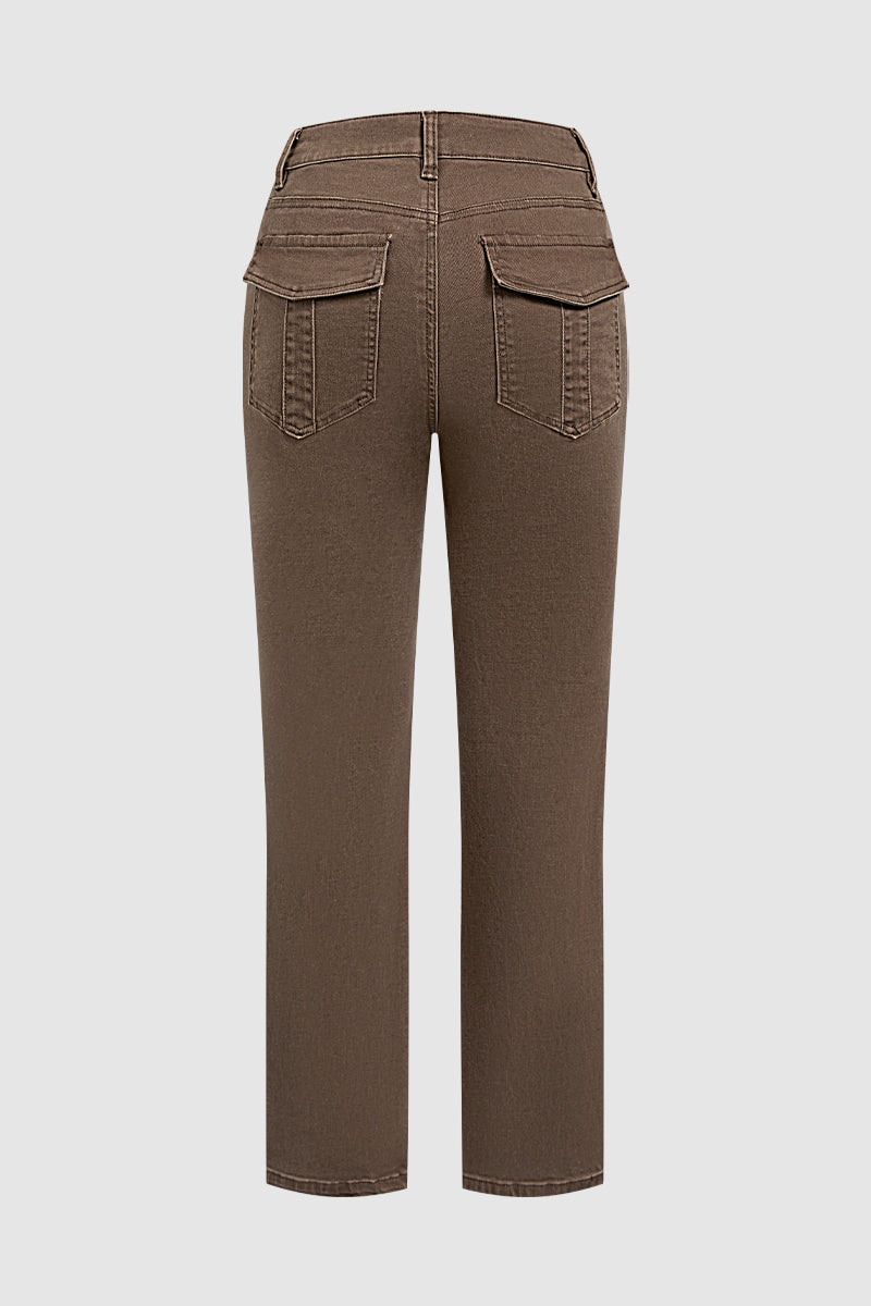 Solid Flap Pocket Mid Waist Straight Leg Pants