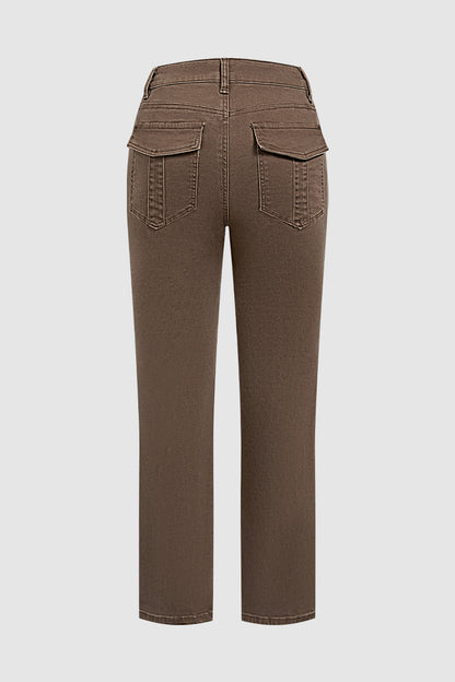Solid Flap Pocket Mid Waist Straight Leg Pants