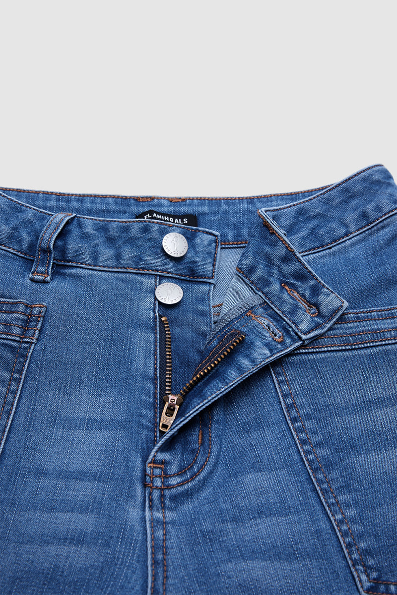 Wash Roll Hem Patched Pocket High Waist Tapered Crop Jeans