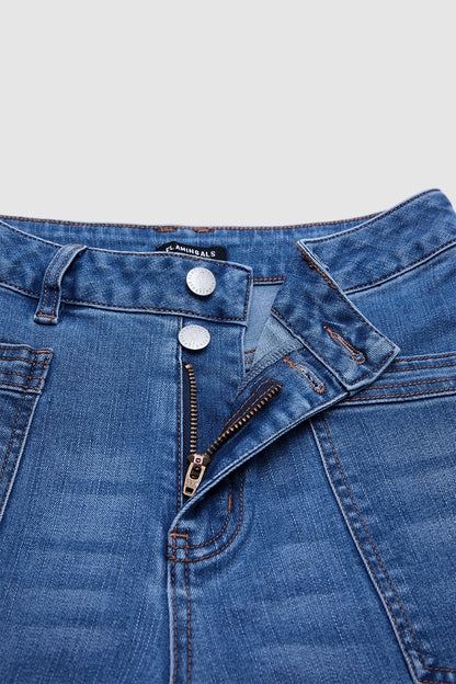 Wash Roll Hem Patched Pocket High Waist Tapered Crop Jeans