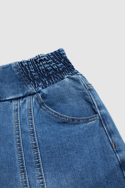 Stitch Detail Shirred High Waist Wide Leg Capri Jeans
