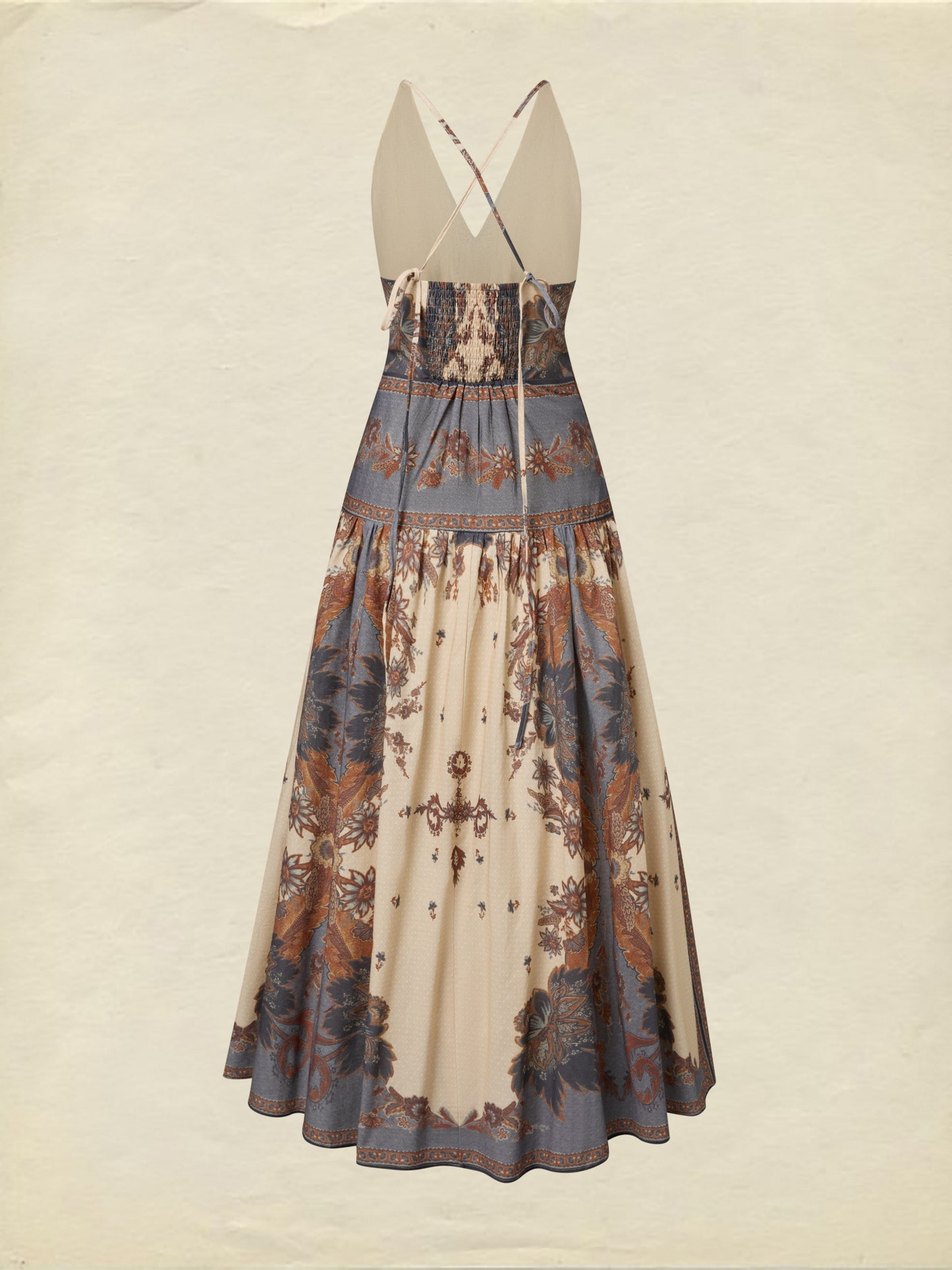 Robe longue en coton, sans manches, col en V, motif floral, ceinture, vacances, style vintage, couleur abricot