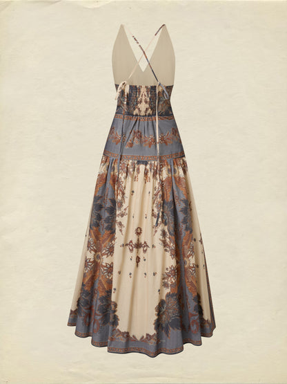 Robe longue en coton, sans manches, col en V, motif floral, ceinture, vacances, style vintage, couleur abricot