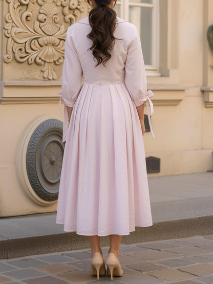 Robe midi en lin, manches courtes, col en V, unie, poches, style vintage français, rose clair