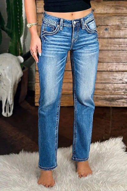 Wash Stitch Detail Mid Waist Straight Leg Jeans