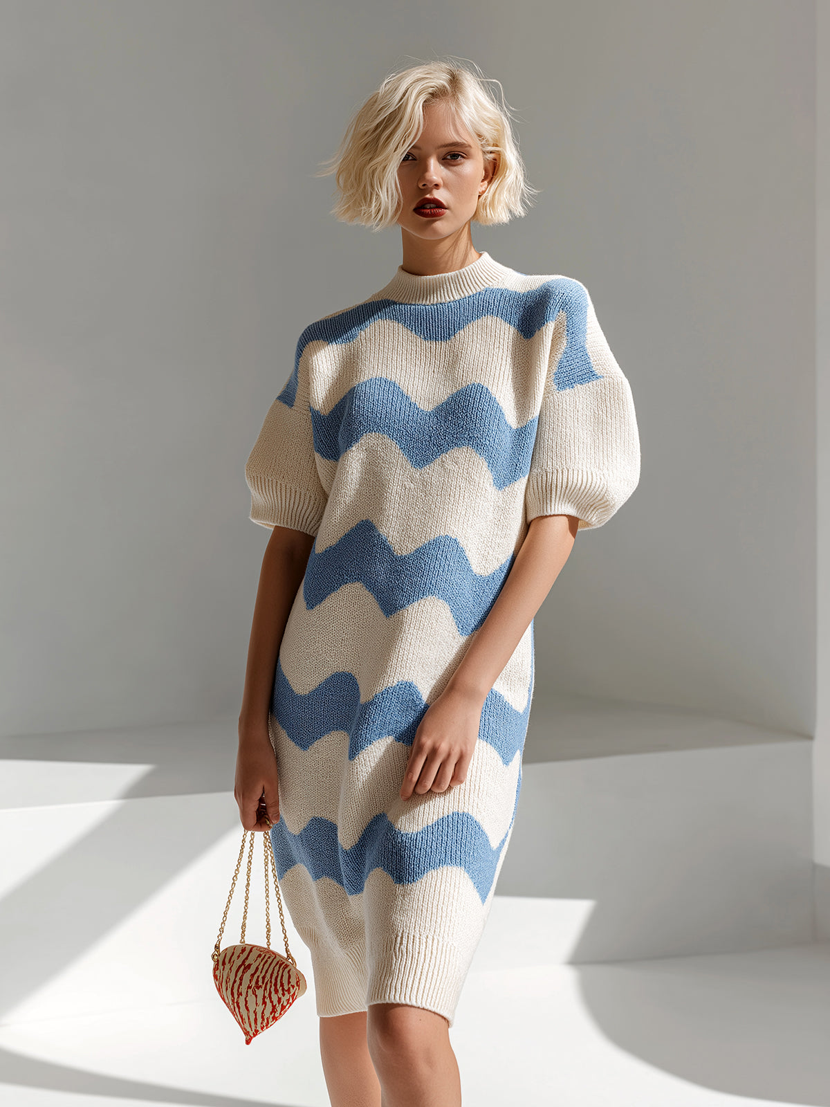 Chic Elegant Blue White Stripes Round-Neck Short-Sleeve Oversize Knit Midi Dress
