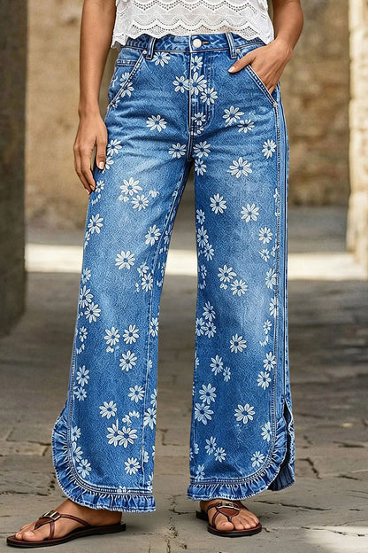 Wash Floral Print Ruffle Split Hem Mid Rise Wide Leg Jeans