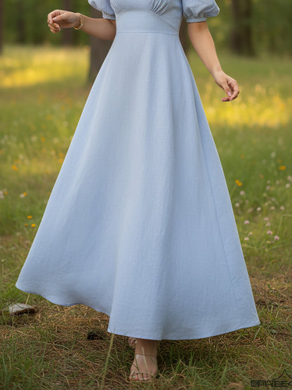 Robe longue en lin, manches courtes, encolure en cœur, unie, vintage, bleue