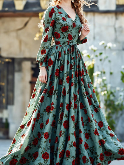 Robe longue en lin, manches longues, col en V, motif floral, ceinture, style vintage, verte