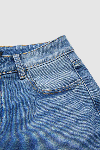 Raw Hem Mid Waist Straight Leg Jeans