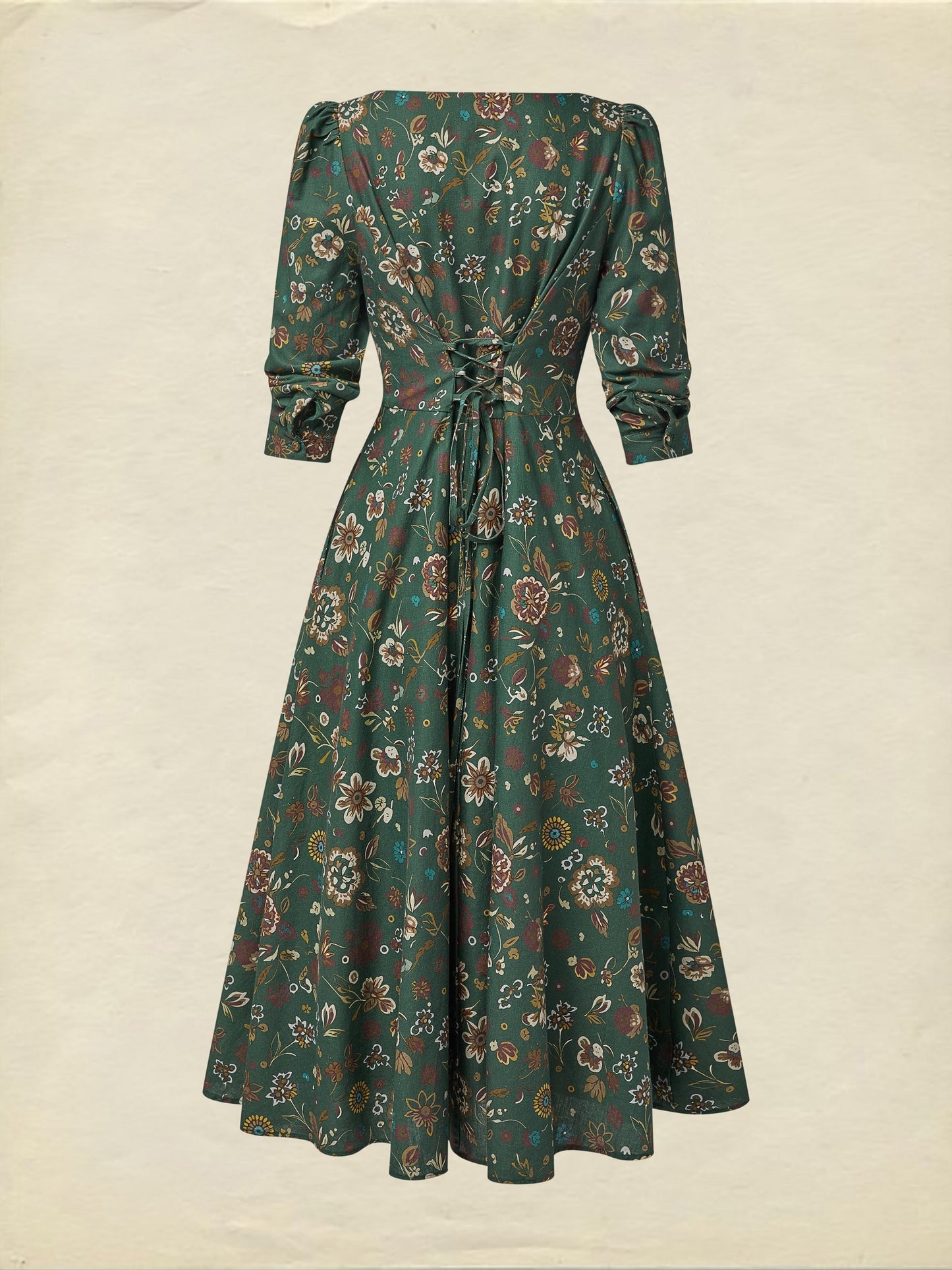 Robe midi en lin, manches longues, col carré, motif cachemire, vintage, verte