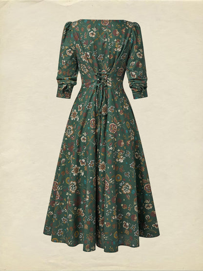 Robe midi en lin, manches longues, col carré, motif cachemire, vintage, verte