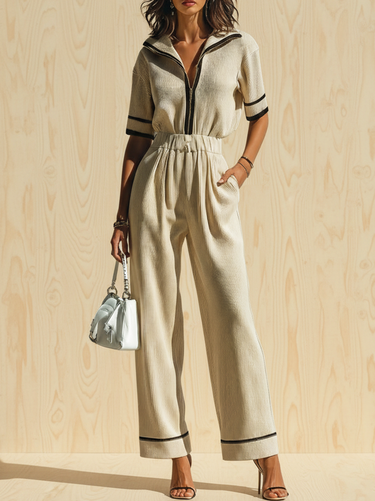 Chic Elegant Beige Colorblock Zipper-Up Lapel Collar Short-Sleeve Loose Sweater Wide-Leg Pants Ribbed Knit Two-Piece Set