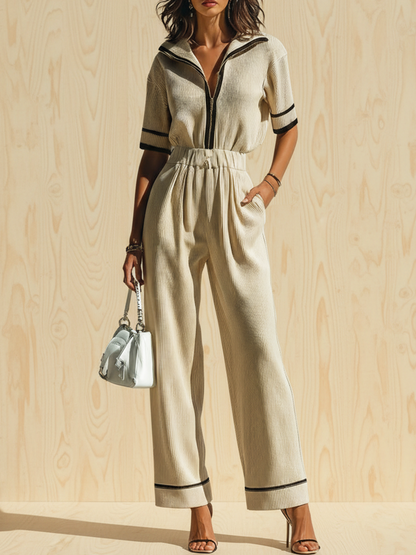 Chic Elegant Beige Colorblock Zipper-Up Lapel Collar Short-Sleeve Loose Sweater Wide-Leg Pants Ribbed Knit Two-Piece Set