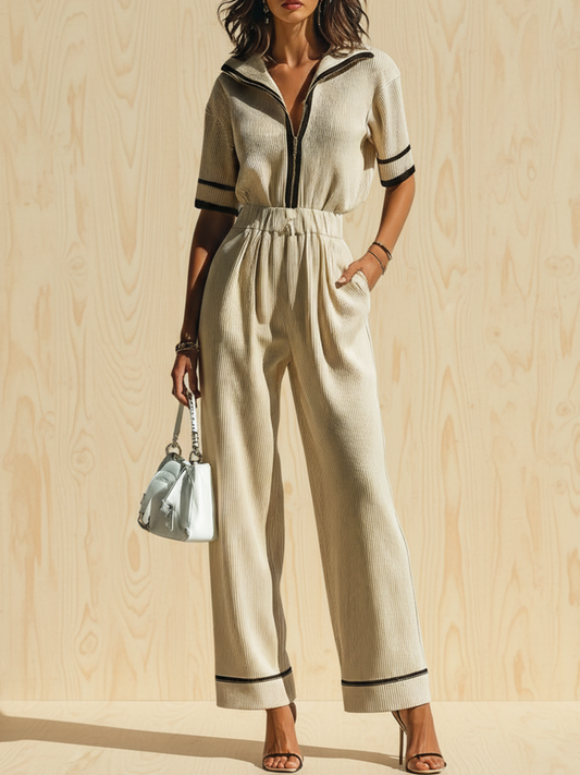 Chic Elegant Beige Colorblock Zipper-Up Lapel Collar Short-Sleeve Loose Sweater Wide-Leg Pants Ribbed Knit Two-Piece Set