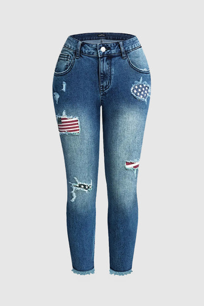 Wash American Flag Pattern Ripped Raw Hem Mid Rise Capri Skinny Jeans