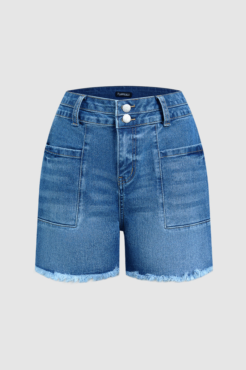 Wash Raw Hem Patched Pocket High Waist Denim Mid Thigh Shorts