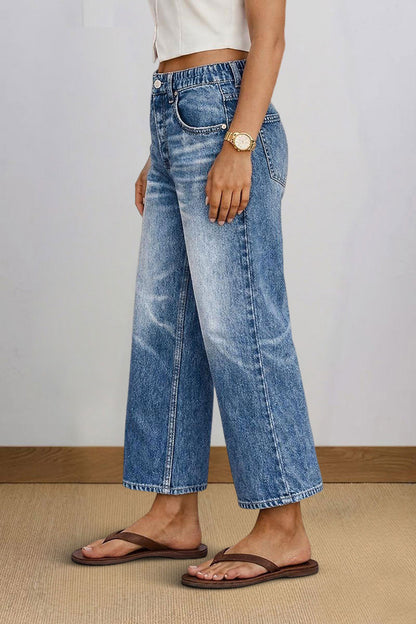 Wash Elastic Mid Rise Wide Leg Crop Jeans