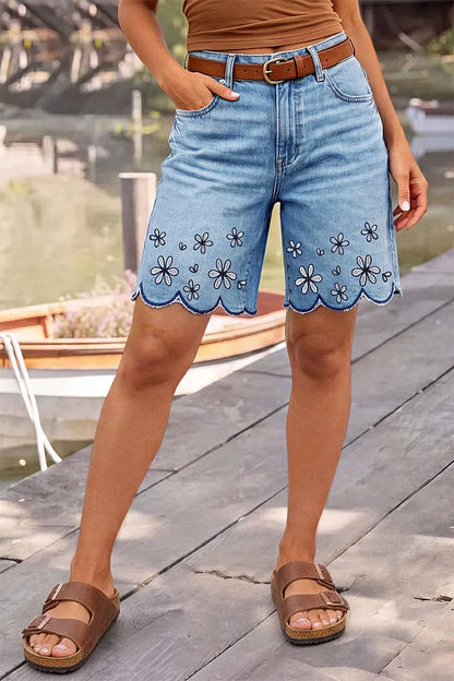 Floral Embroidery Scallop Trim Mid Rise Denim Bermuda Shorts